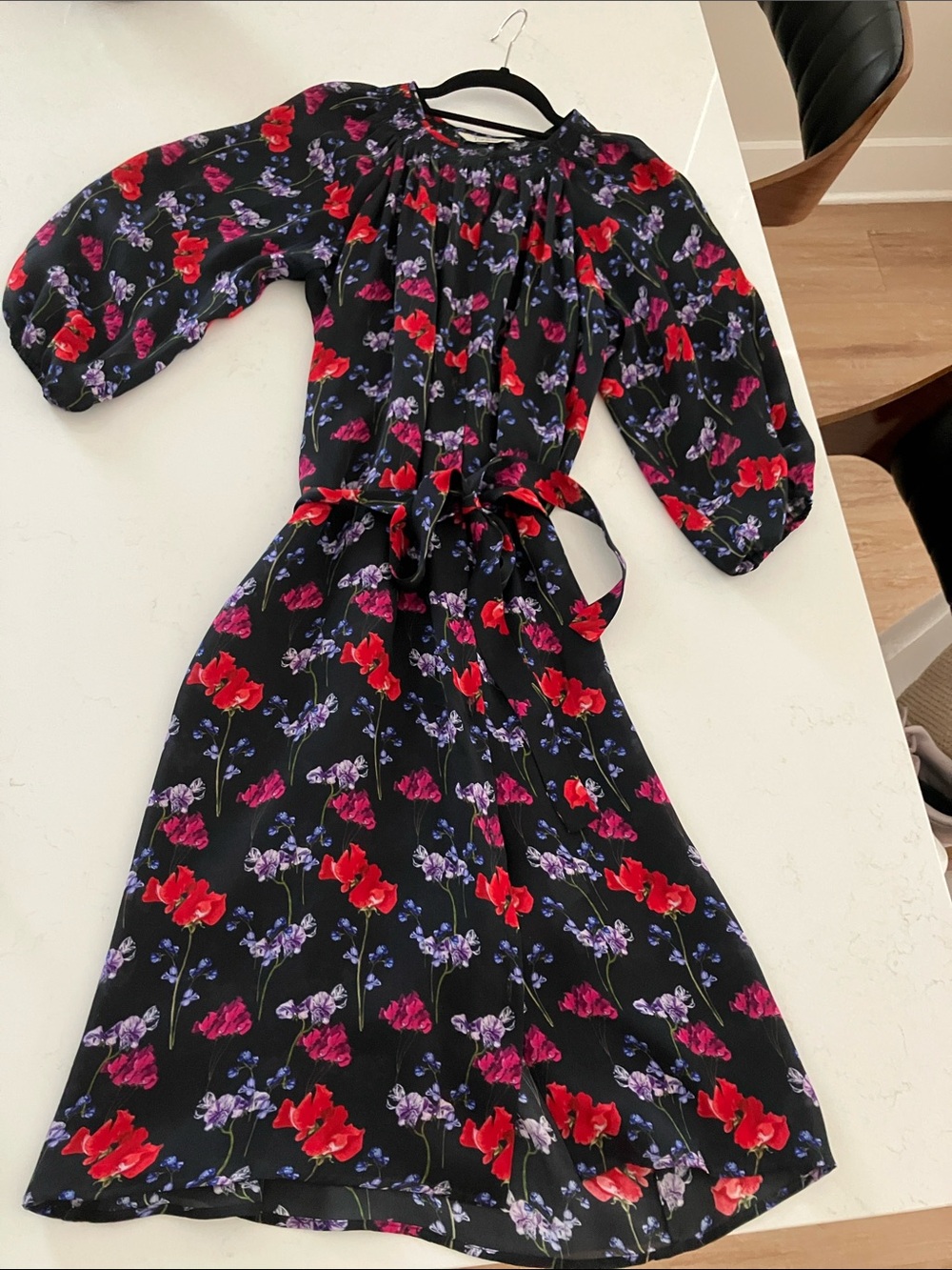 Tucker Black Floral Midi Dress with Red & Purple Blooms, Tie Waist